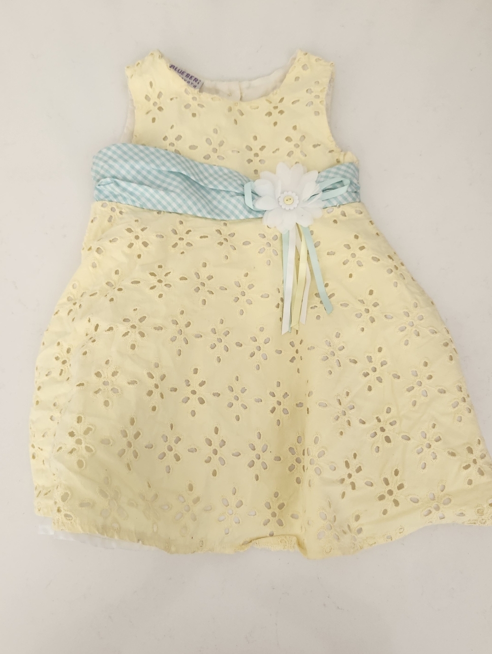 Blueberi Boulevard Pale Yellow Eyelet Dress with Aqua Gingham Sash Baby Girl 18M